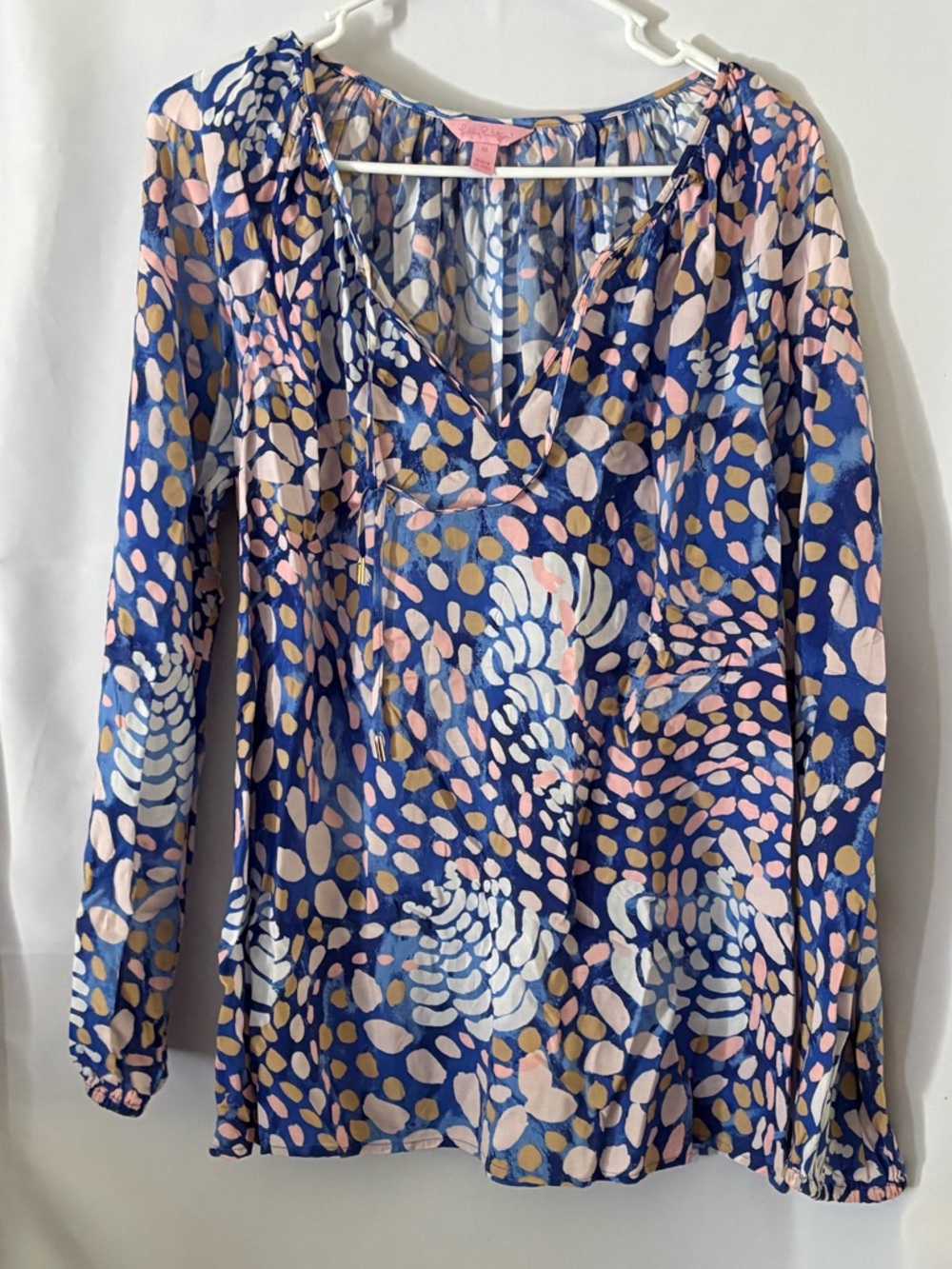 Lilly Pulitzer Blue, Pink & Gold Abstract V-Neck Blouse